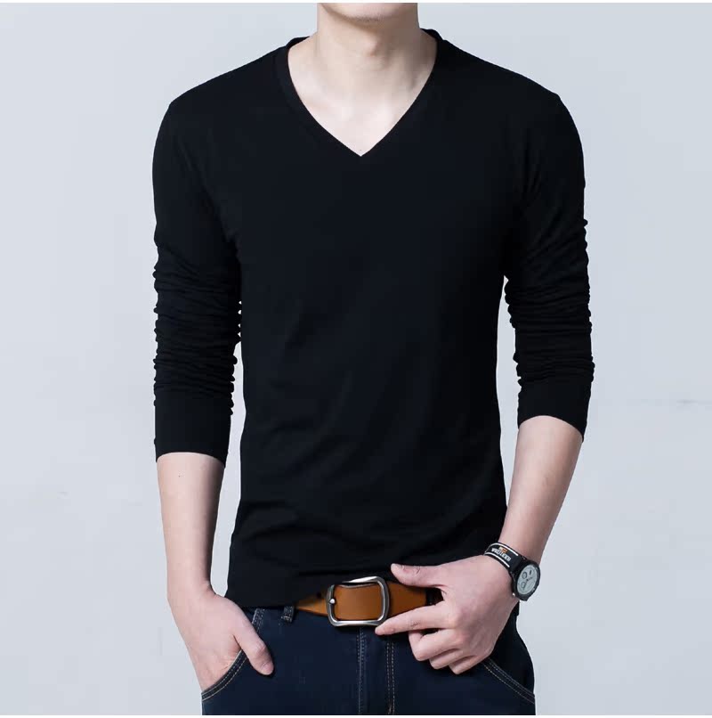 Cộng với áo nhung nam mùa thu và áo thun dài tay phiên bản Hàn Quốc của áo cổ chữ V nam trang trí body áo sơ mi nam xu hướng quần áo màu sắc rắn áo thun trơn nam