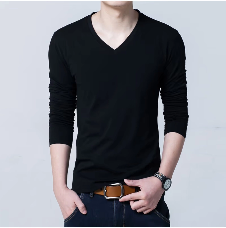 Cộng với áo nhung nam mùa thu và áo thun dài tay phiên bản Hàn Quốc của áo cổ chữ V nam trang trí body áo sơ mi nam xu hướng quần áo màu sắc rắn