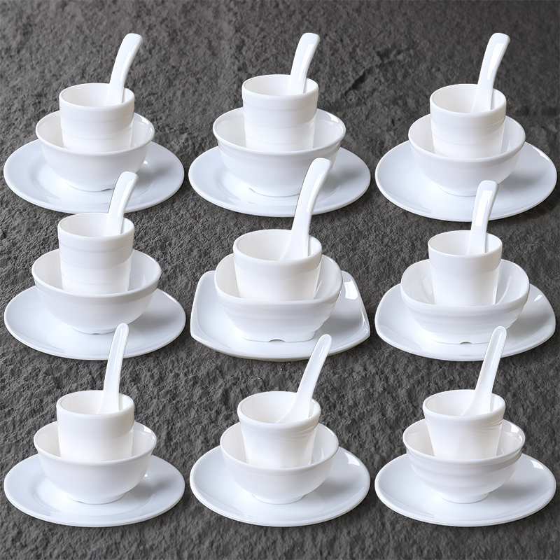 Hot Pot Restaurant Table Setting Set, Four-Piece Melamine Tableware, Popular in Restaurants and Hotels, Bowls, Plates, Spoons, Cups, White, Commercial Use