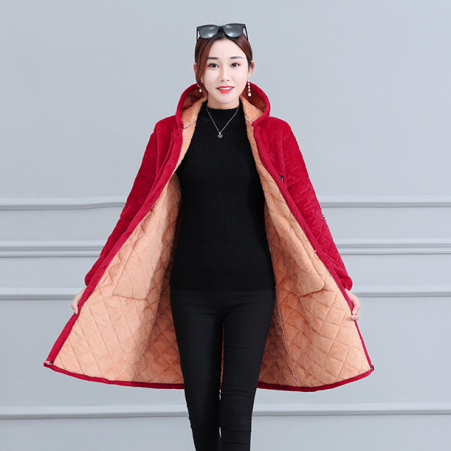 Middle-aged and elderly plus velvet padded jacket female mother autumn and winter coat mid-length cotton-padded jacket large size middle-aged foreign style thickened padded jacket