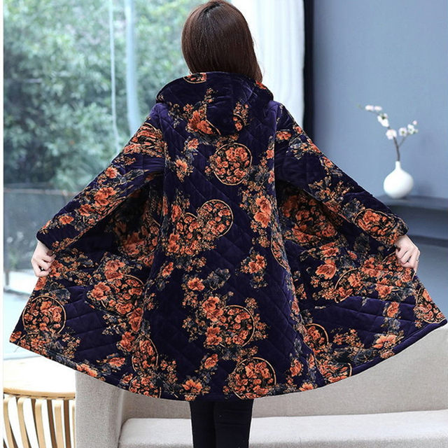 Middle-aged and elderly plus velvet padded jacket female mother autumn and winter coat mid-length cotton-padded jacket large size middle-aged foreign style thickened padded jacket