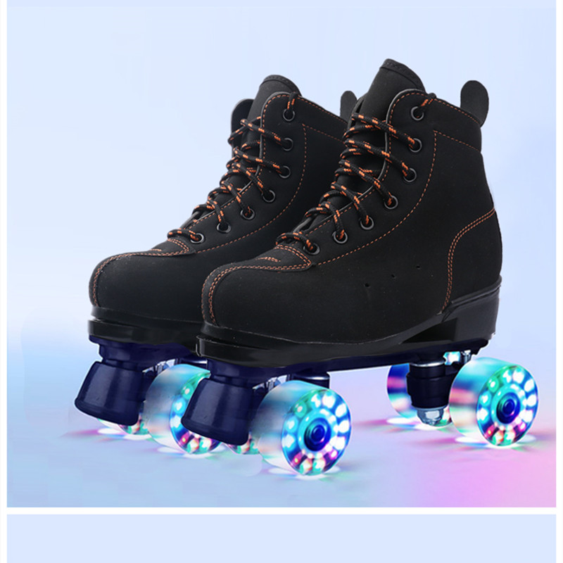 Black Adults Double-Row Skates Children Four Wheels Skating Shoes Adult Men And Women Dry Skates Double-Row Roller Skate Flash-Taobao