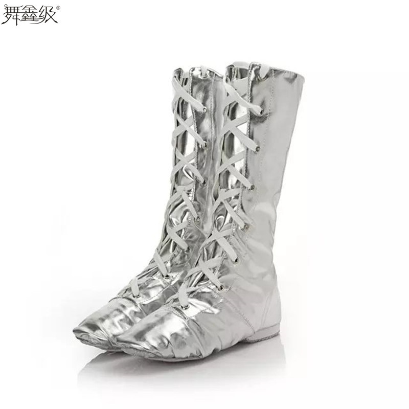 Gold, silver and silver high dance shoes and boots modern dance shoes jazz boots riding boots high heels with bright leather performance stage shoes