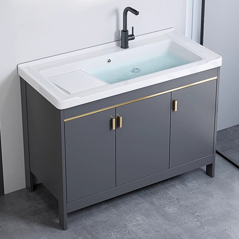 90/ 1m Floor-Standing Laundry Cabinet Bathroom Cabinet with Washboard, Ceramic Integrated Basin, Deepened Balcony Laundry Sink