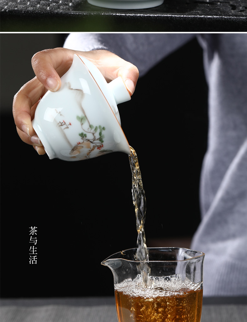 Jingdezhen ceramic tureen single bluish white porcelain tureen only three to use hand grasp the hand - made kung fu tea tea tea bowl