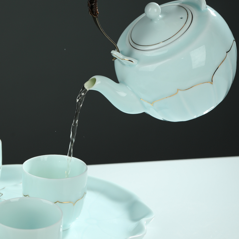 Shadow celadon girder tea sets water set household porcelain cup large capacity belt filter paint kettle the teapot tea tray