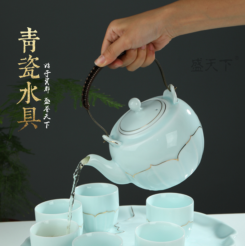 Shadow celadon girder tea sets water set household porcelain cup large capacity belt filter paint kettle the teapot tea tray