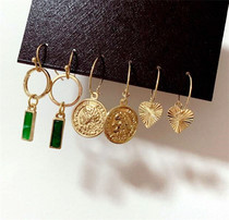 Temperament 100 hitch golden metal wind natural stone inlay three pairs of earrings set can be changed ear clip