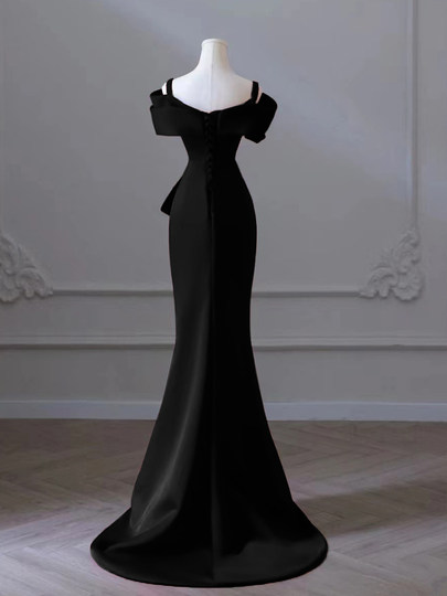 One-Shoulder Black Evening Dress 2025 New Style Banquet High-End Fishtail Dress for Women Light Luxury Niche Host High-End