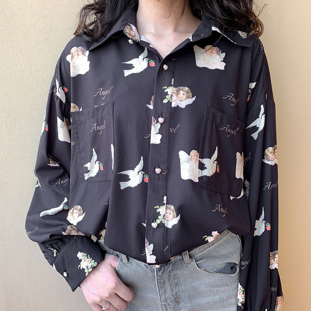 Original lantern sleeve angel print BF style retro Hong Kong girl design shirt top long-sleeved chiffon shirt