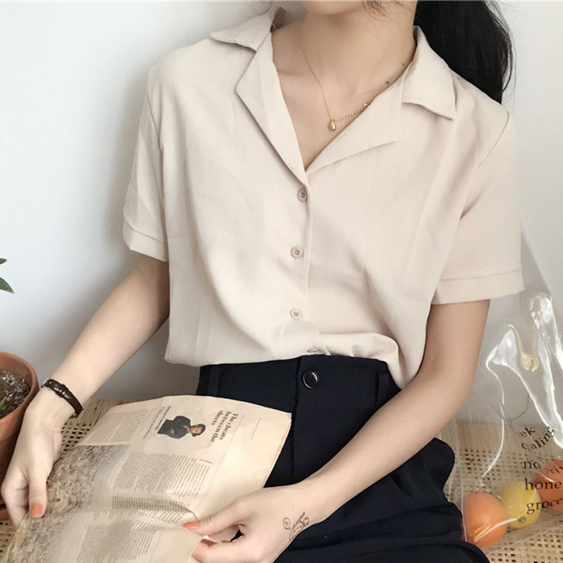 2022 summer Korean style all-match suit collar chiffon short-sleeved shirt top solid color shirt student women's fashion
