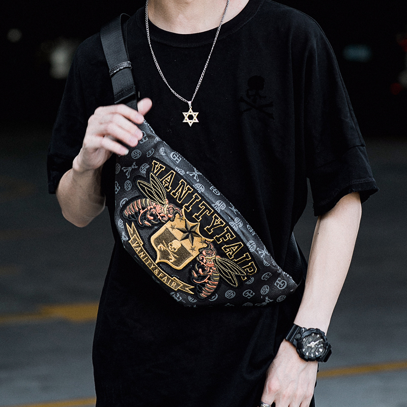 Hong Kong new European and American embroidered men's leather breast bag Korean version one-shoulder cross-body bag youth fashion trend belt bag