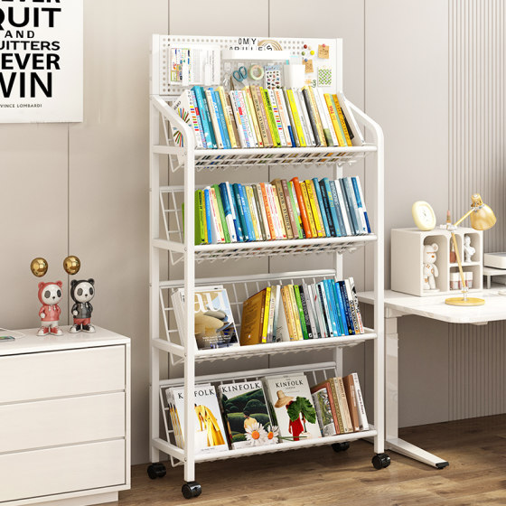 Children's Bookshelf, Floor-Standing Multi-Layer Picture Book Rack, Living Room Book and Magazine Rack, Bay Window Book Storage Rack, Iron Art Bookcase, Wall-Mounted Movable Snack and Toy Organizer, Small Cart with Wheels, Simple Bookshelf