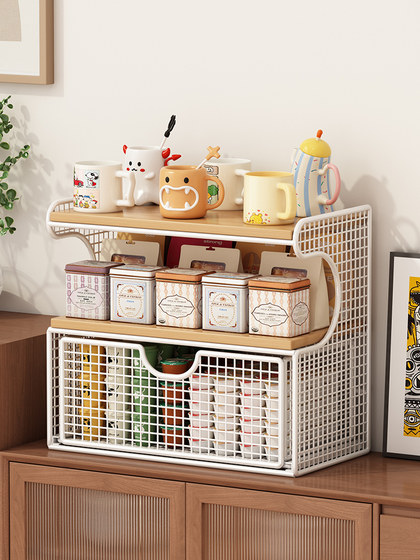 Desktop Storage Rack with Multiple Layers and Drawers for Storing Water Cups, Snacks, and Tea Sets on the Dining Table Surface, Multifunctional Storage Rack
