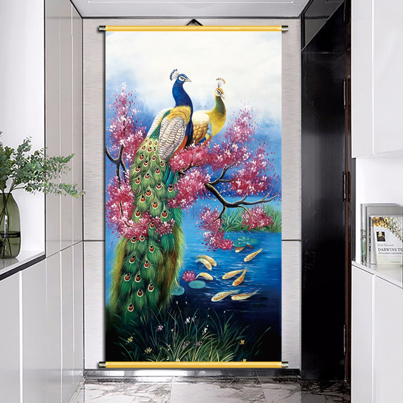 孔雀画客厅玄关装饰画富贵牡丹吉祥风水卷轴挂画布画防水竖版定制-淘宝