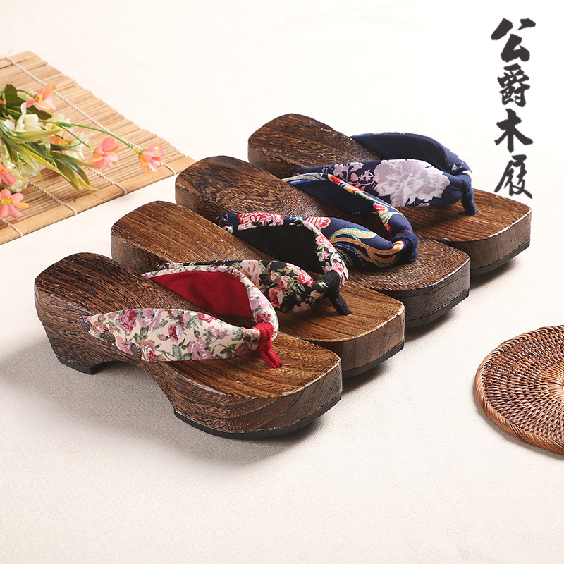 High-Heeled Bohemian Casual Comfortable Low-Heeled Flip-Flops Wooden Slippers Women's Clogs Ethnic Style Beach Shoes