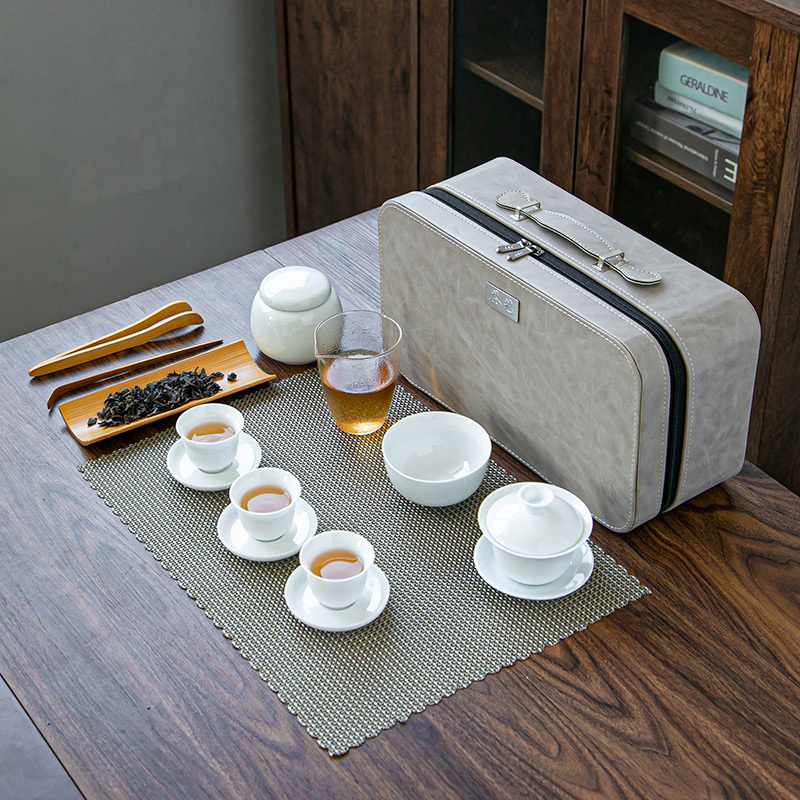 Laughing Artist Tea Art Teaching and Training Exam Set Kung Fu Set Portable Travel Tea Set Pure White Jade Porcelain Gaiwan Tea Cup