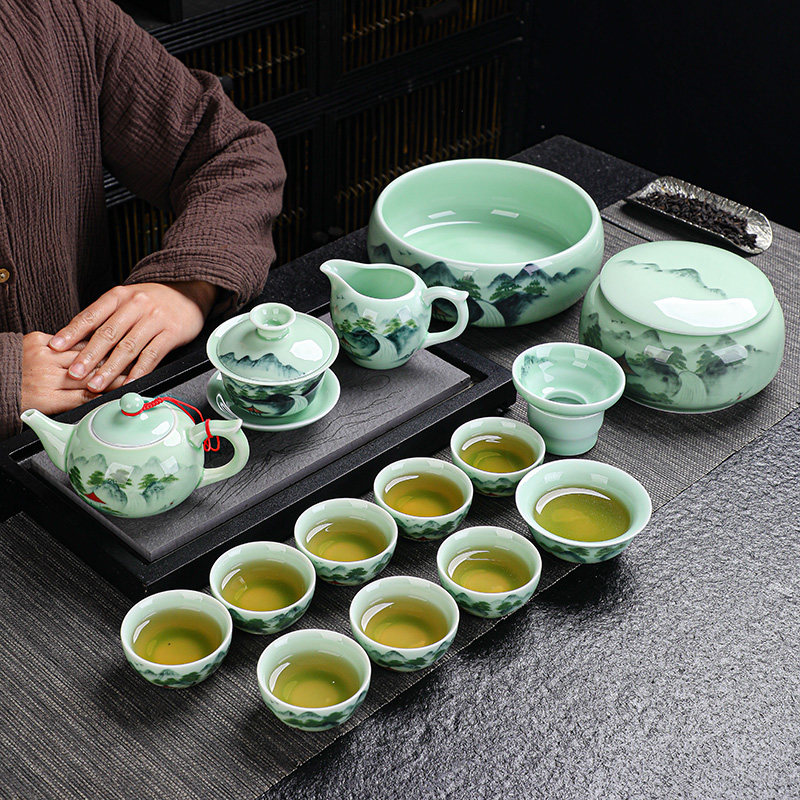 Tea tea tea tea tea cup lid bowl teapot tea washing green porcelain carp home pure hand painted green porcelain large suit of tea set