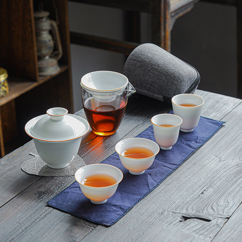 Large Lanolin Jade Cover Bowl Travel Tea Set Group Sweet White Jade Porcelain Express Guest Cup Glass One Pot Four Cups Brief