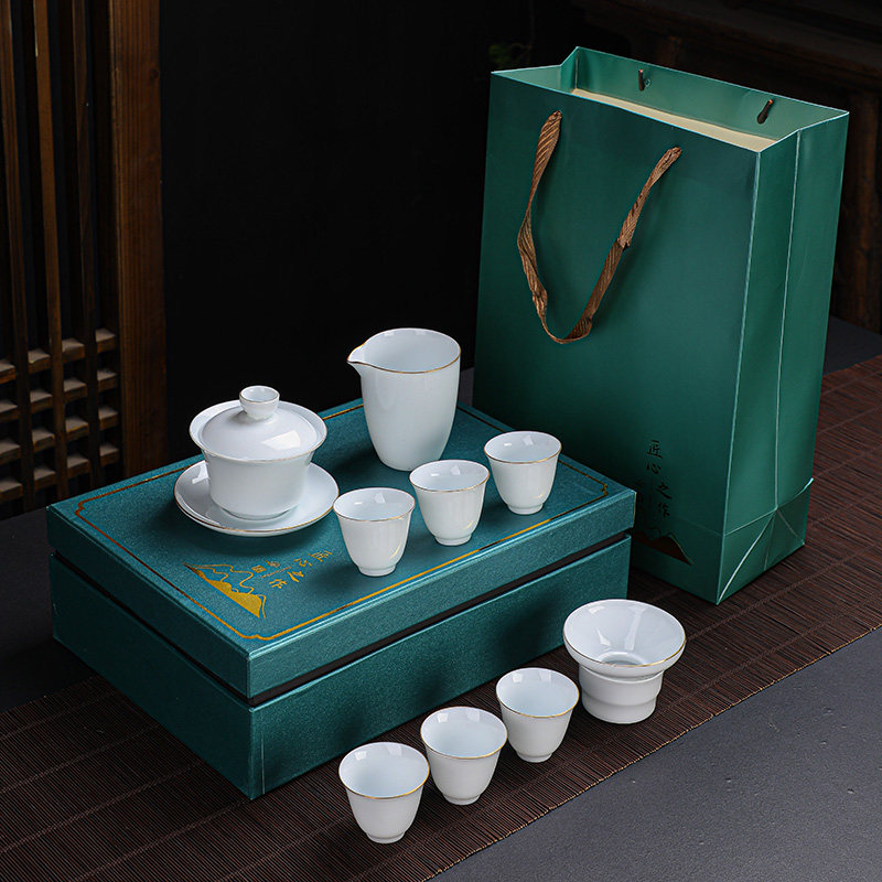 Gold-painted white porcelain tea set Kung Fu tea cup home living room office reception guest Dehua tea ceramic large bowl