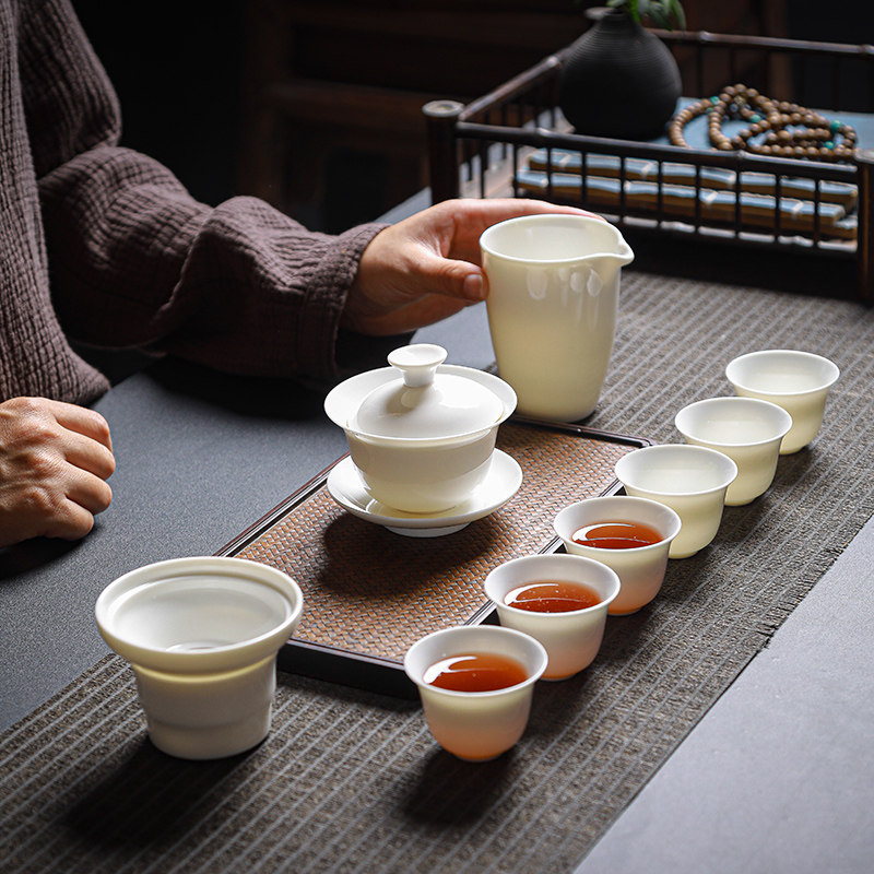 Yellow Home Desolated Jade Porcelain Tea Set Group Cover Bowl Pure Color White Jade Kung Fu Gift Whole Set Gift Box Custom Logo