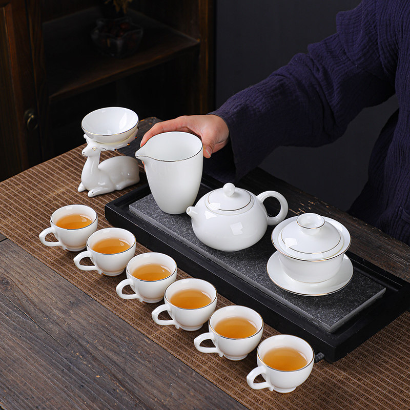 Tea Set Cover Bowl Teapot Tea Cup Ceramic Shea Butter Jade Household Brief Chinese Gift Box Set Group Beat