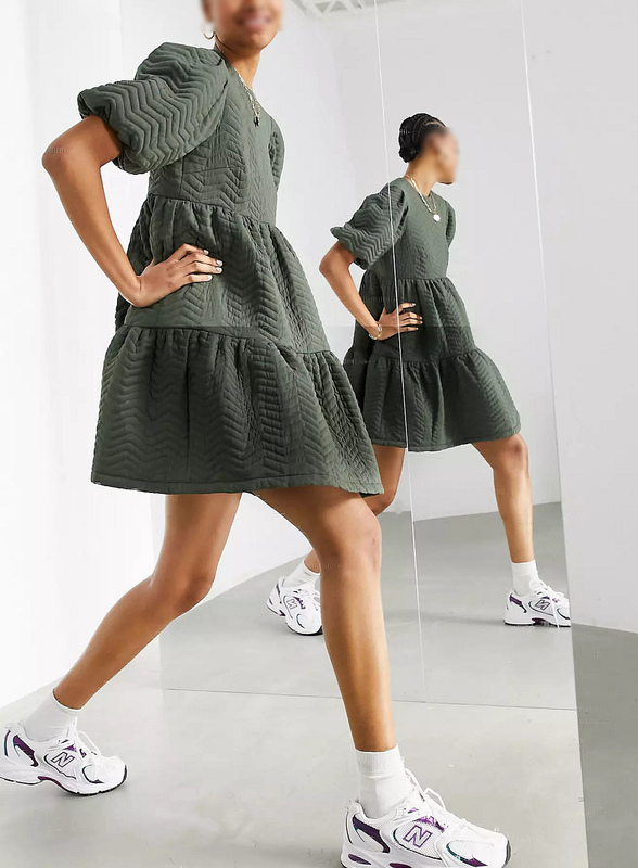 23 Women's Clothing European Single Tail Goods Dark Green Quilted Cotton Puff Sleeves Loose Tall Girl Version Mini Short Thick Dress Pregnant Women 23 Women's Clothing European Single Tail Goods Dark Green Quilted Cotton Puff Sleeves Loose Tall Girl Version Mini Short Thick Dress Pregnant Women