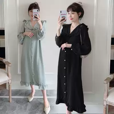 2021 autumn dress chiffon temperament pregnant women's new fashion foreign style solid color loose medium and long version of pregnant women's dress