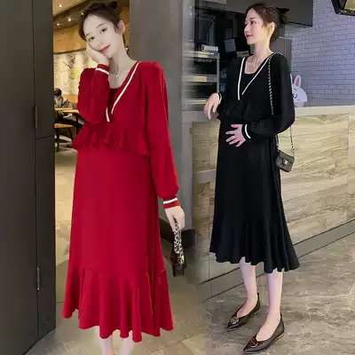 2021 autumn new maternity dress tide spicy personality Net red fake two pieces long sleeve V-neck long skirt wear fashion