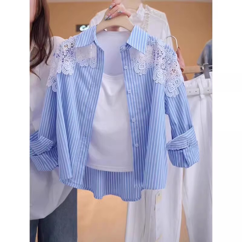 Plus-Size Lace Crochet Patchwork Polo Collar Striped Shirt for Women, Spring, Stylish, Age-Reducing, Loose-Fitting, Sun-Protective Jacket for Chubby Women