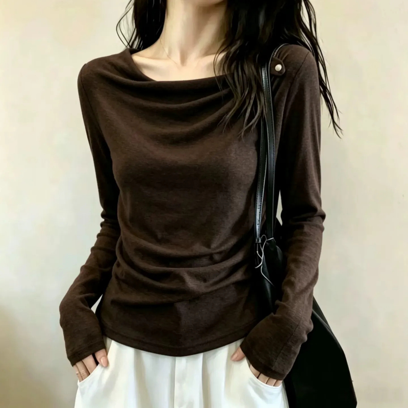 French-Style Stunning Drape Collar Waist-Cinching Long-Sleeve T-Shirt for Women, Early Autumn 2026, Plus-Size, Elegant and Age-Reducing Base Shirt Top