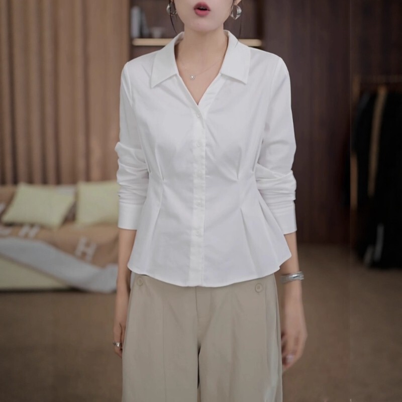Pure Cotton White Long-Sleeved Shirt for Women 2026 Spring Plus Size Fat mm Slimming Waist High-End Feel Lapel Layered Top