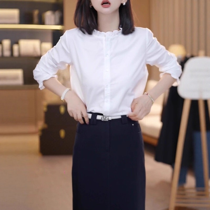 French-Style Ruffled White Shirt for Women, Autumn, Plus Size, Loose Fit, Slimming, Elegant Inner Layer Top French-Style Ruffled White Shirt for Women, Autumn, Plus Size, Loose Fit, Slimming, Elegant Inner Layer Top