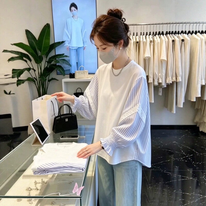 French-Style Light Luxury Striped Patchwork Long-Sleeve Shirt for Women, Early Autumn 2026, Plus Size, Loose Fit, Age-Reducing, Two-Piece Look Top