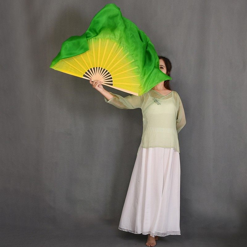 Real Silk Bifacial Asymptotic Yellow Green Greenery Classical Dance Big Fan Haipie Shoots Song Fan Table Performance Props Dancing Fan