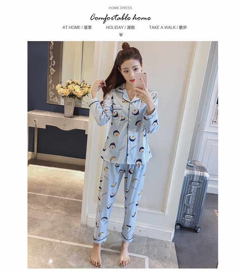Bộ đồ ngủ nữ mùa đông Cotton dài tay Hàn Quốc Dễ thương Sweet Lady Mùa xuân và mùa thu Áo cardigan kích thước lớn thời trang nữ đẹp