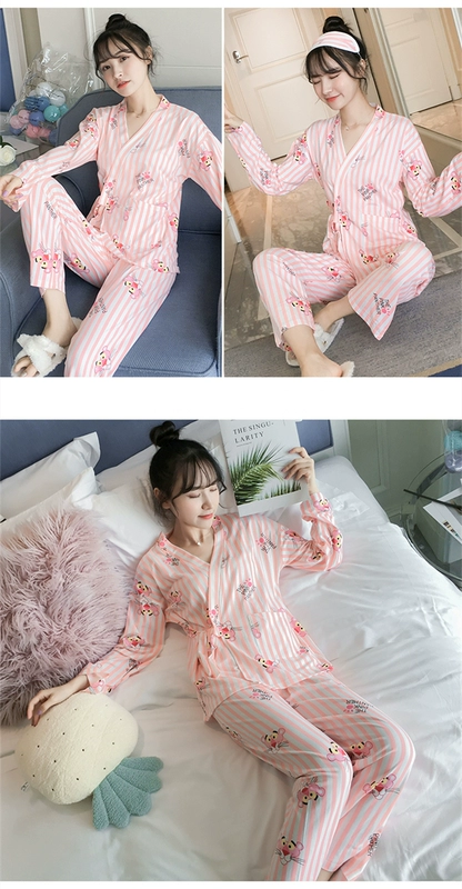 Đồ ngủ kimono Nhật Bản phụ nữ mùa xuân và mùa thu cotton dài tay ngọt ngào và đáng yêu dịch vụ nhà phù hợp với phần mỏng có thể được mặc xuong may do bo