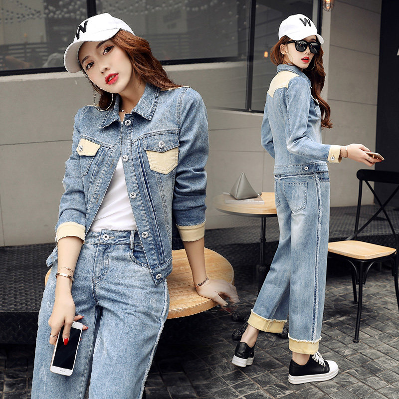 时尚女装阔腿裤套装春秋新款大码显瘦休闲学生牛仔衣九分裤两件套