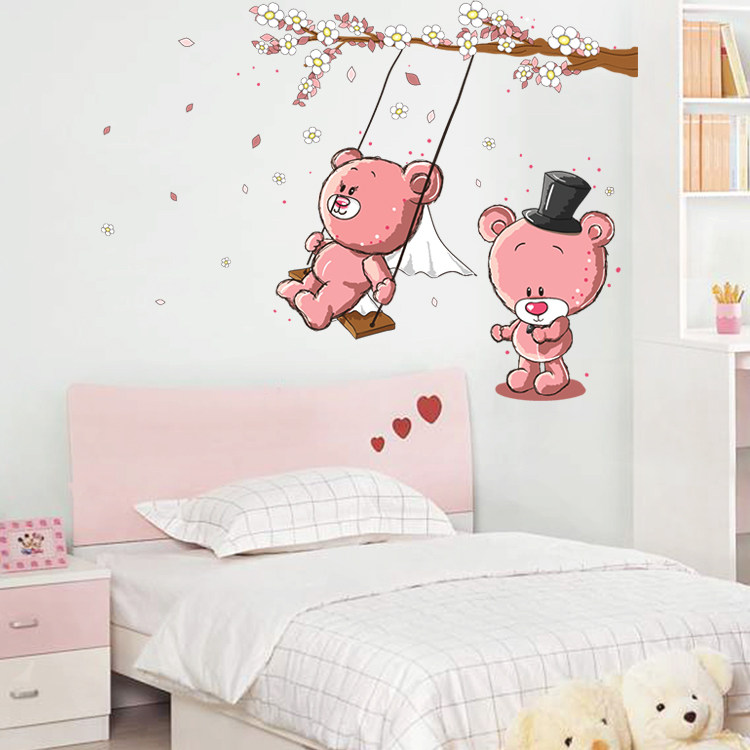 Creative cute children's room wall stickers bedroom bedside wall stickers room decoration wall stickers swing bear