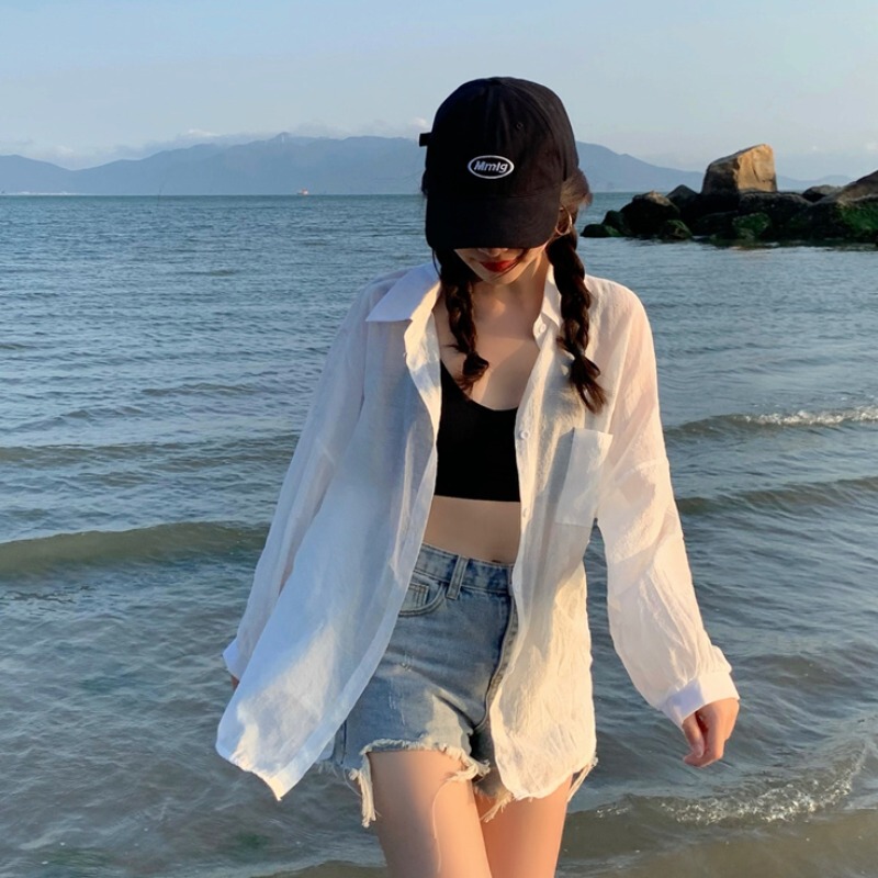 Beach Vacation Chiffon Sun Protection Shirt Women's Swimsuit Cover-Up White Sun Protection Shirt Beach Jacket Cardigan Top Summer