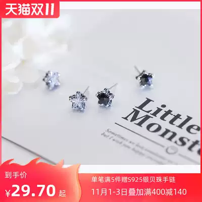 Love Rocky S925 silver five-pointed star ear needle girl Japanese Korean style fashion Thai silver retro black and white diamond ear jewelry