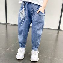 Boy Pants 2021 Spring and Autumn New Tong Tong childrens thin velvet trousers childrens clothing bunched feet Korean version of loose jeans