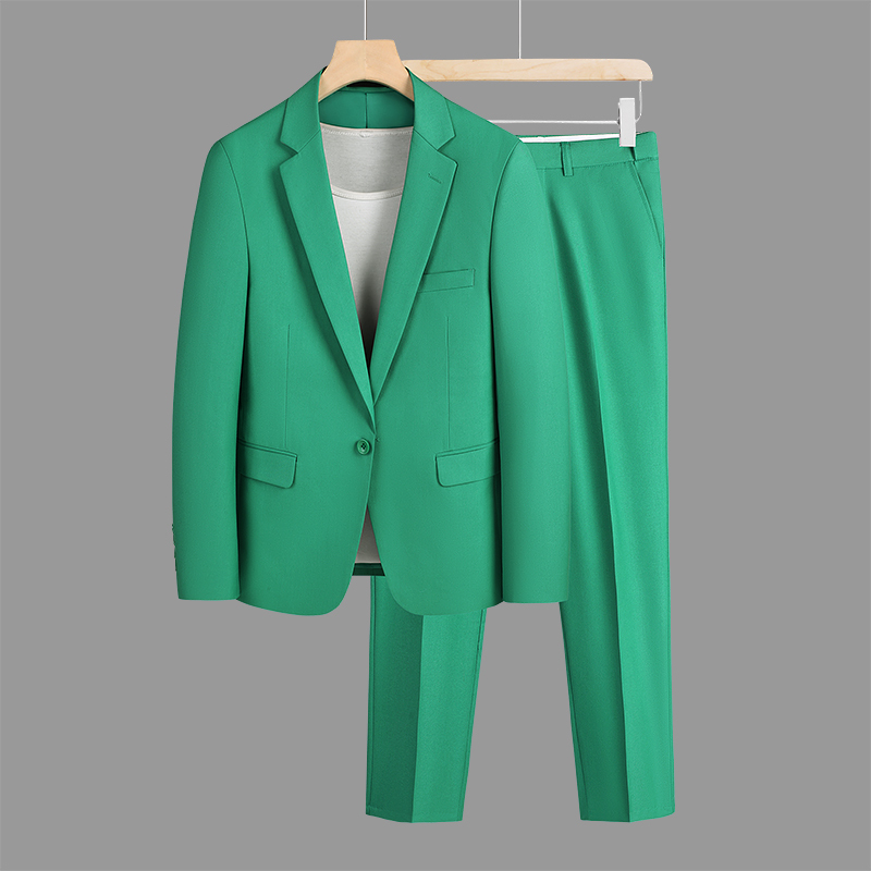Double-Slit Suit Two-Piece Set for Men, Korean Style Slim Fit Business Formal Wear, Casual Green Large Size Solid Color Suit Set, Trendy Double-Slit Suit Two-Piece Set for Men, Korean Style Slim Fit Business Formal Wear, Casual Green Large Size Solid Color Suit Set, Trendy