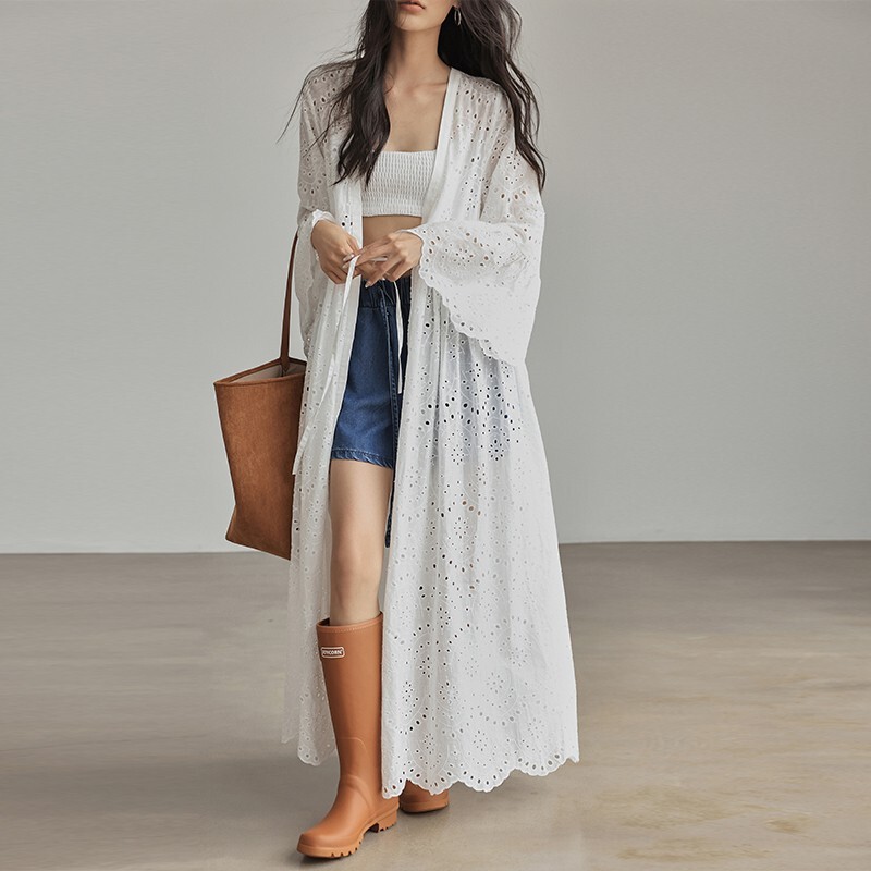 Freh up French-Style Hollow-Out Cardigan Jacket for Women with Bell Sleeves, Casual Vacation Style, Long Embroidered Fairy Dress Freh up French-Style Hollow-Out Cardigan Jacket for Women with Bell Sleeves, Casual Vacation Style, Long Embroidered Fairy Dress