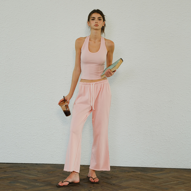 Fresh up American-Style Comfortable Cotton Sports Casual Knit Halter Top and Cropped Flared Pants Set for Women Fresh up American-Style Comfortable Cotton Sports Casual Knit Halter Top and Cropped Flared Pants Set for Women