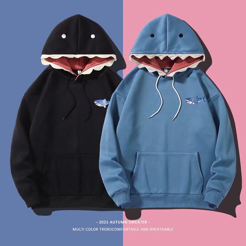 2026 Spring New Fleece-Lined Shark Hoodie for Men, Creative Couple Tops and Jackets for Middle and High School Students