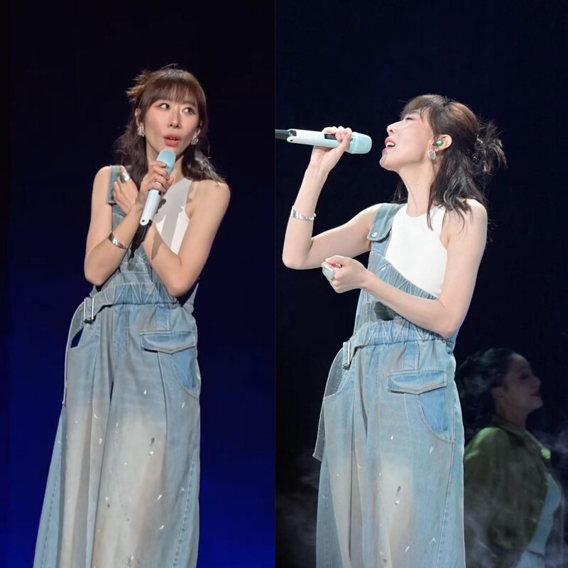 Ren Suxi Concert Style Fashionable Versatile One-Shoulder Strap Denim Wide-Leg Pants Trendy Age-Reducing Loose Jeans