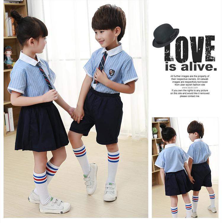 Đồng phục học sinh tiểu học và trung học sọc xanh đặt cotton mùa hè đại học tay ngắn nam nữ phục vụ lớp trẻ em thời trang trẻ em cao cấp