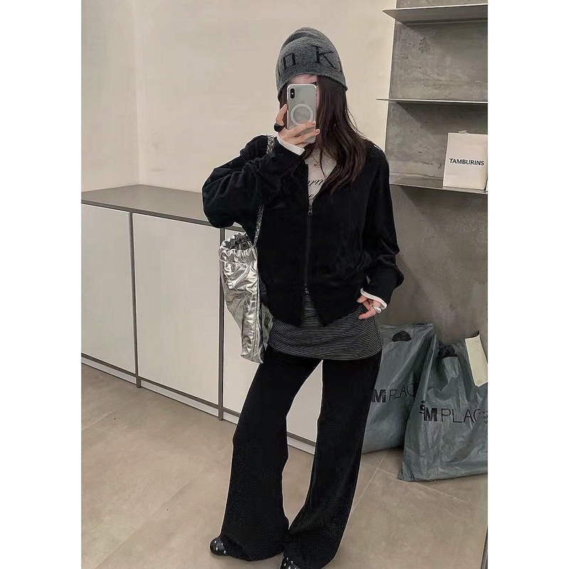 Black Casual Sweatshirt Set for Women, Autumn Lazy Style Korean Striped Pants and Top Sports Two-Piece Set