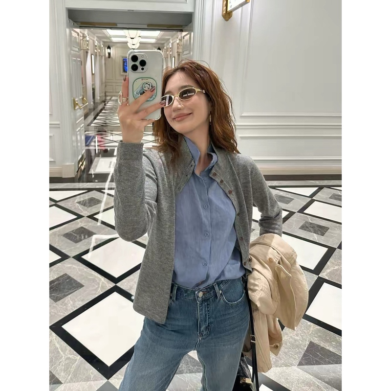Thirteen Rows Old Money Style Linen Patchwork Fake Two-Piece Wool Knit Top for Women 2026 Early Autumn New Korean Style Cardigan